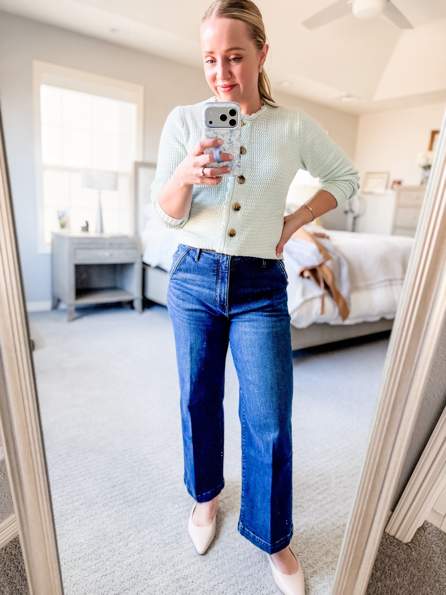The prettiest scalloped sweater for spring paired with petite cropped trouser jeans! Sized down to xs in the sweater. It comes in white and this beautiful light green color. Petite jeans fit tts and so do the sling back flats! Flats are so comfy and I love them paired with these cropped jeans! 

#LTKSaleAlert #LTKootd #LTKPetite