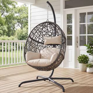 FINCATI 1-Person Oversized Outdoor Beige Wicker Patio Porch Swing Hanging Egg Chair with Cushion ... | The Home Depot