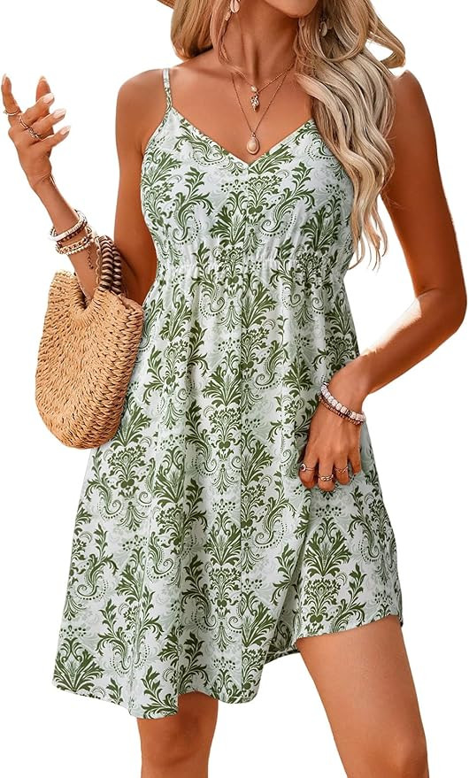 Dokotoo Womens Summer Dresses Floral V Neck Spaghetti Strap Flowy Boho Dresses Sundress | Amazon (US)