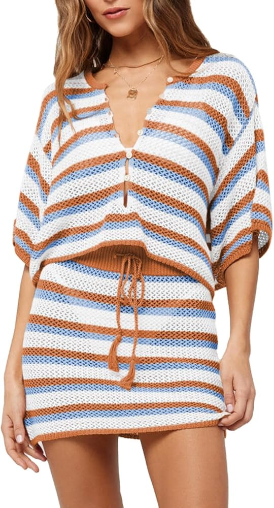 Pink Queen 2 Piece Crochet Swimsuit Cover Ups for Women Hollow Out Knitted Bathing Suit Coverup B... | Amazon (US)