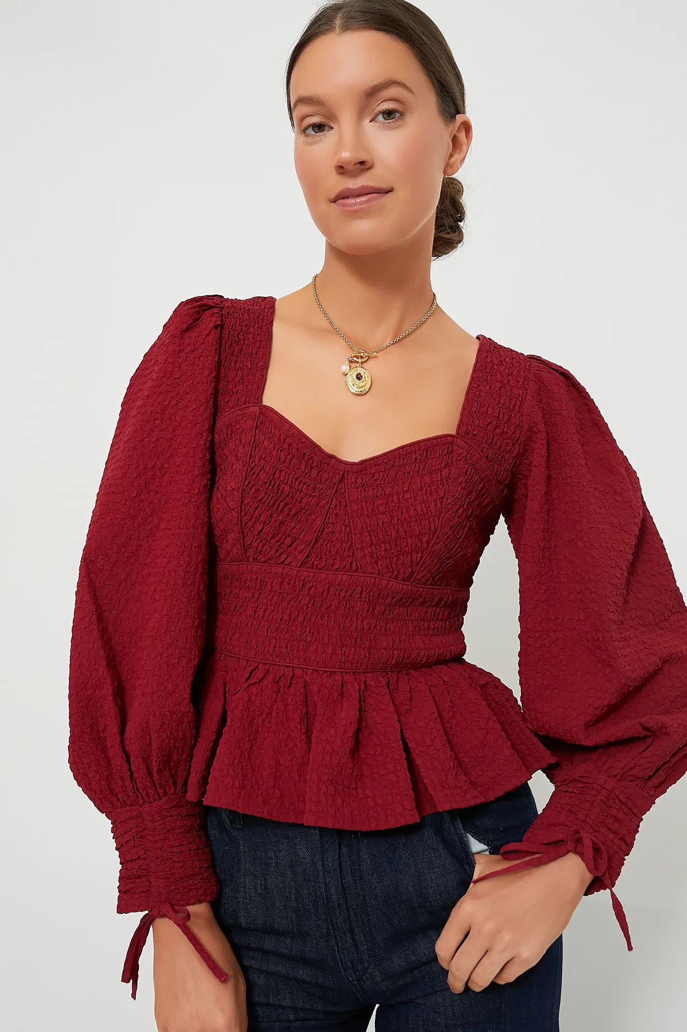 Red Regina Seersucker Longsleeve Top | Tuckernuck (US)