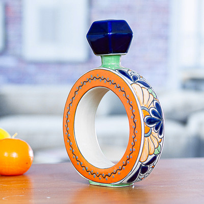 Blue and Orange Ring Shape Ceramic Tequila Decanter | NOVICA