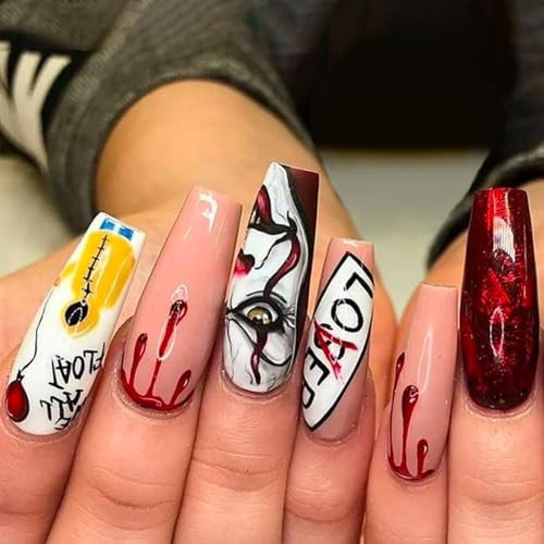 Halloween Press on Nails Long Ballerina Fake Nails Horror Joker and Red Balloon Design False Nails Kit Full Cover Artificial Nails Reusable Glue on Fake Nails Press ons Halloween Manicure 24Pcs | Amazon (US)