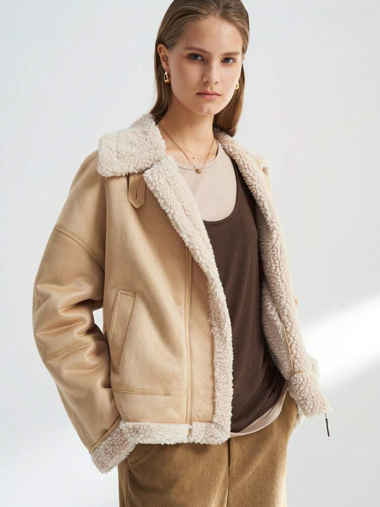 Airaco Women's Casual Daily Commute Fashion Street Chic High Collar Zipper Front Suede Thermal Li... | SHEIN