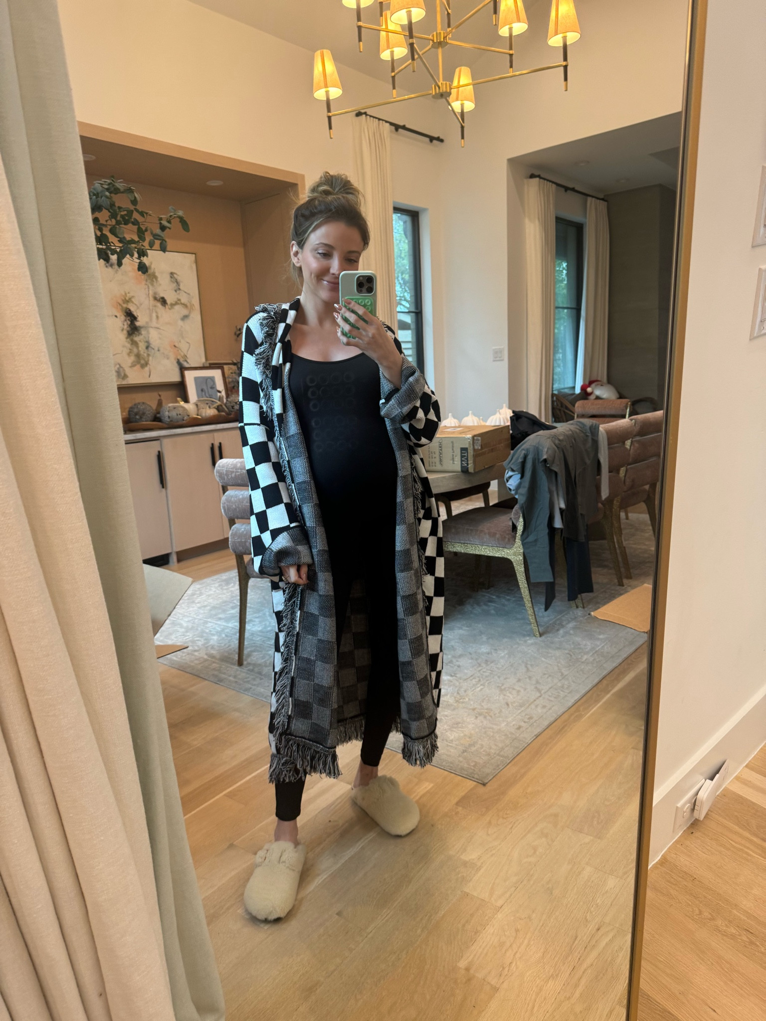 Entire outfit is from Nordstrom 
Maternity jumpsuit 
Checkered duster
Shearling Birkenstocks 

#LTKHoliday #LTKBump #LTKShoeCrush