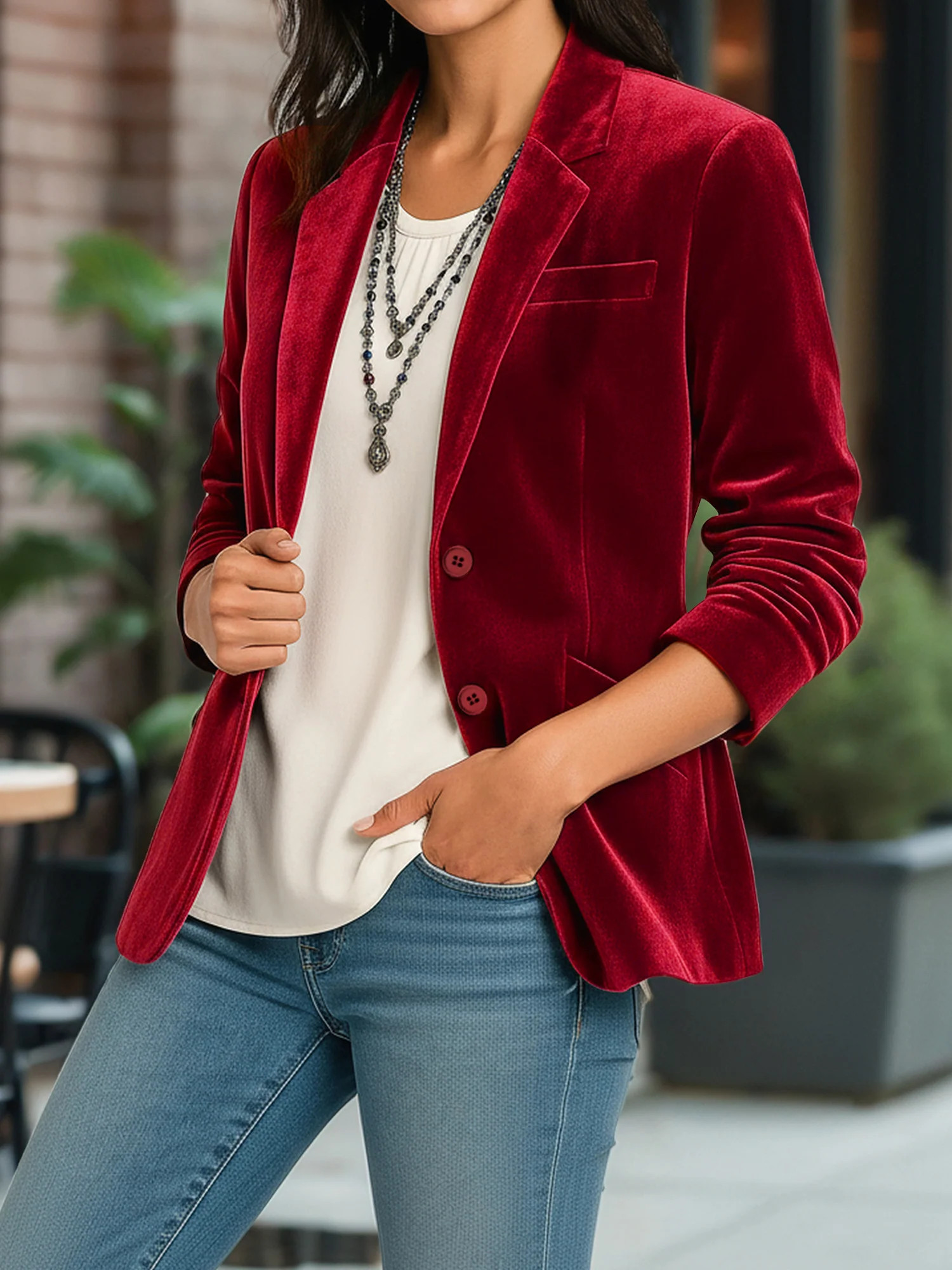 Velvet Solid Color Button Down Long Sleeves Blazer | allegra-k
