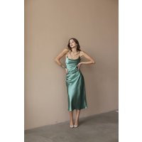 Green Silk Satin Midi Dress, Cowl Neck, Open Back | Custom Made | Etsy (US)
