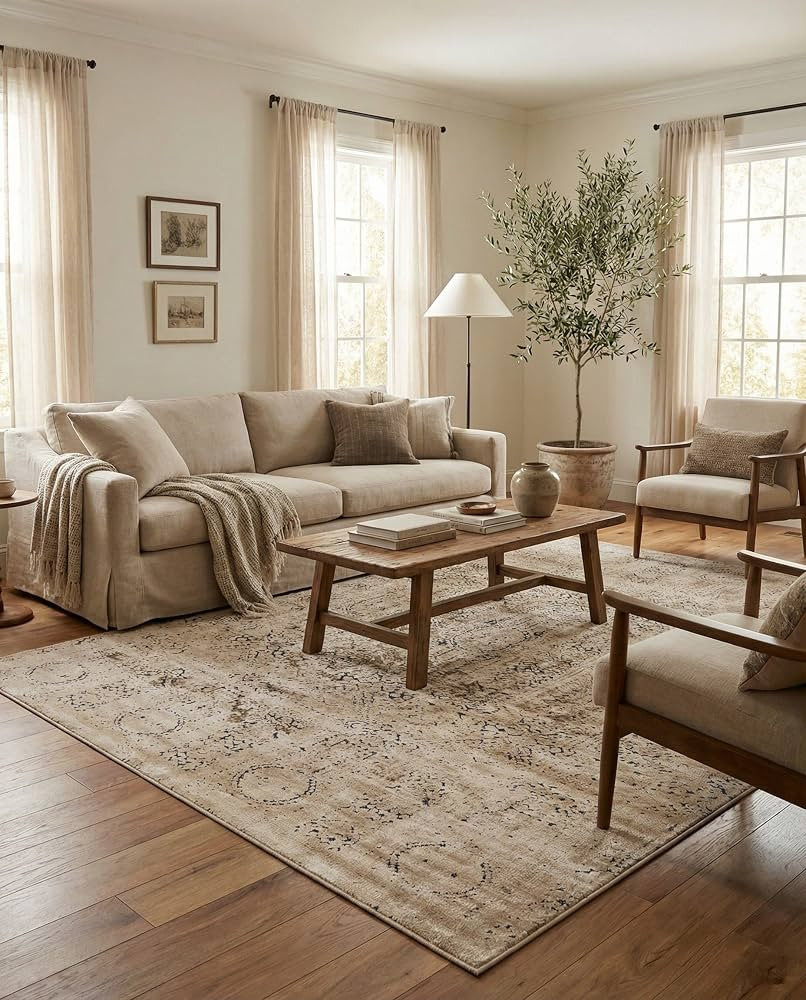 Rugs.com - Eliza Rug \u2013 10' x 13' 1 Beige Textured Pile Area Rug \u2013 Farmhouse Style for L... | Amazon (US)