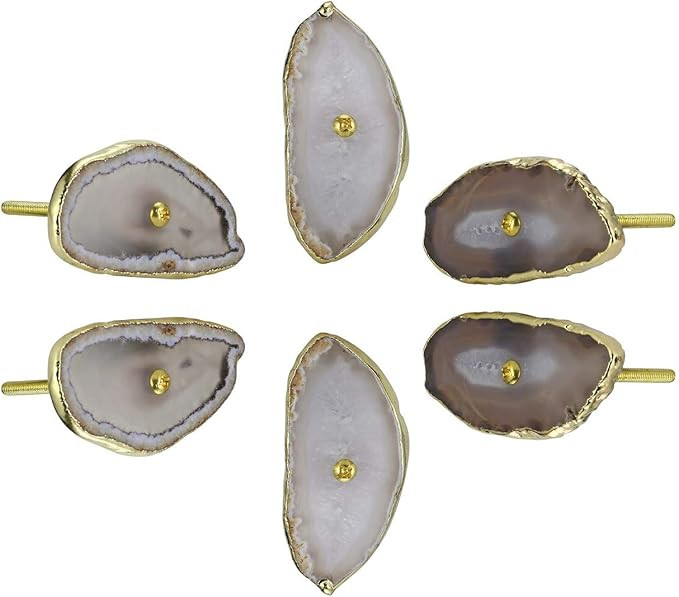 Mangsen Agate Knobs for Dresser Drawers Set of 6 Agate Wardrobe Pull Handles with Gold Plating Ed... | Amazon (US)