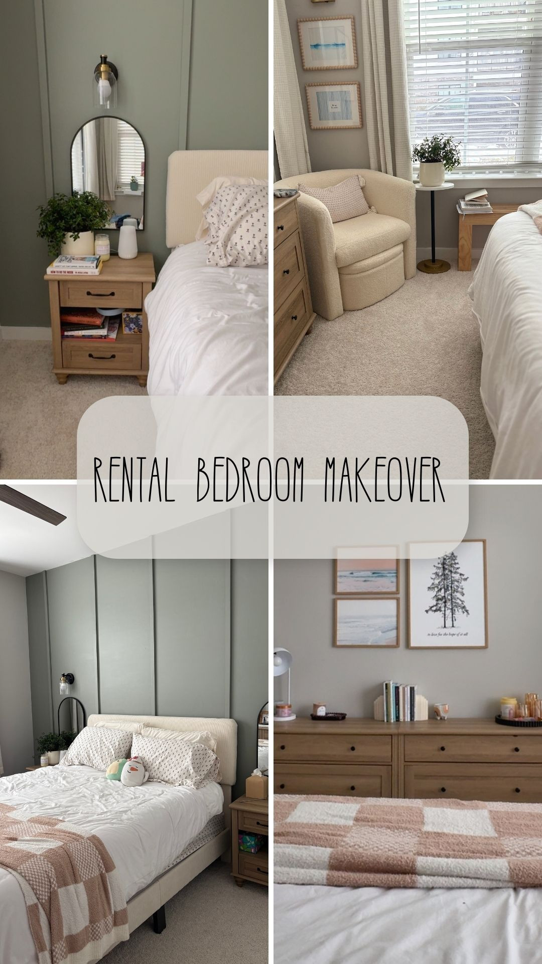 DIY rental makeover - my place of zen and calm.  Wall - Evergreen Fog bc SW with 1x2s.  Sconces have battery operated lights so no hardwiring required. Prints are from Etsy. 

 

#LTKselfcare #LTKOver40 #LTKHome