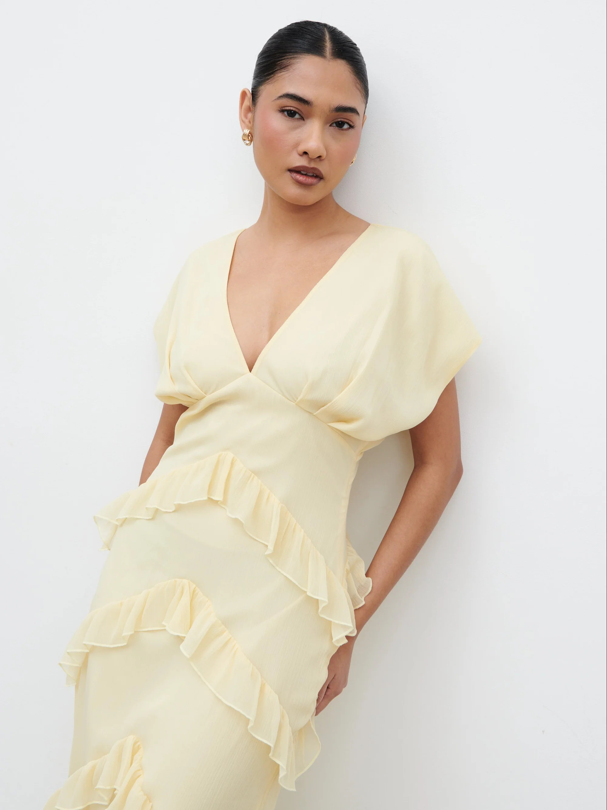 Tamsin Ruffle Chiffon Maxi Dress - Lemon | Pretty Lavish (UK)