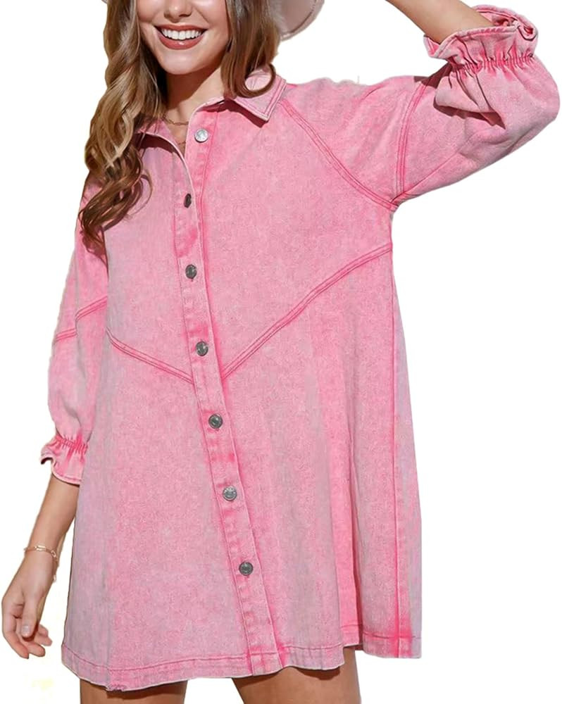 ALSOGO Women Denim Shirt Dress 3/4 Long Sleeves Casual Button Down Babydoll Flowy Jean Dresses | Amazon (US)