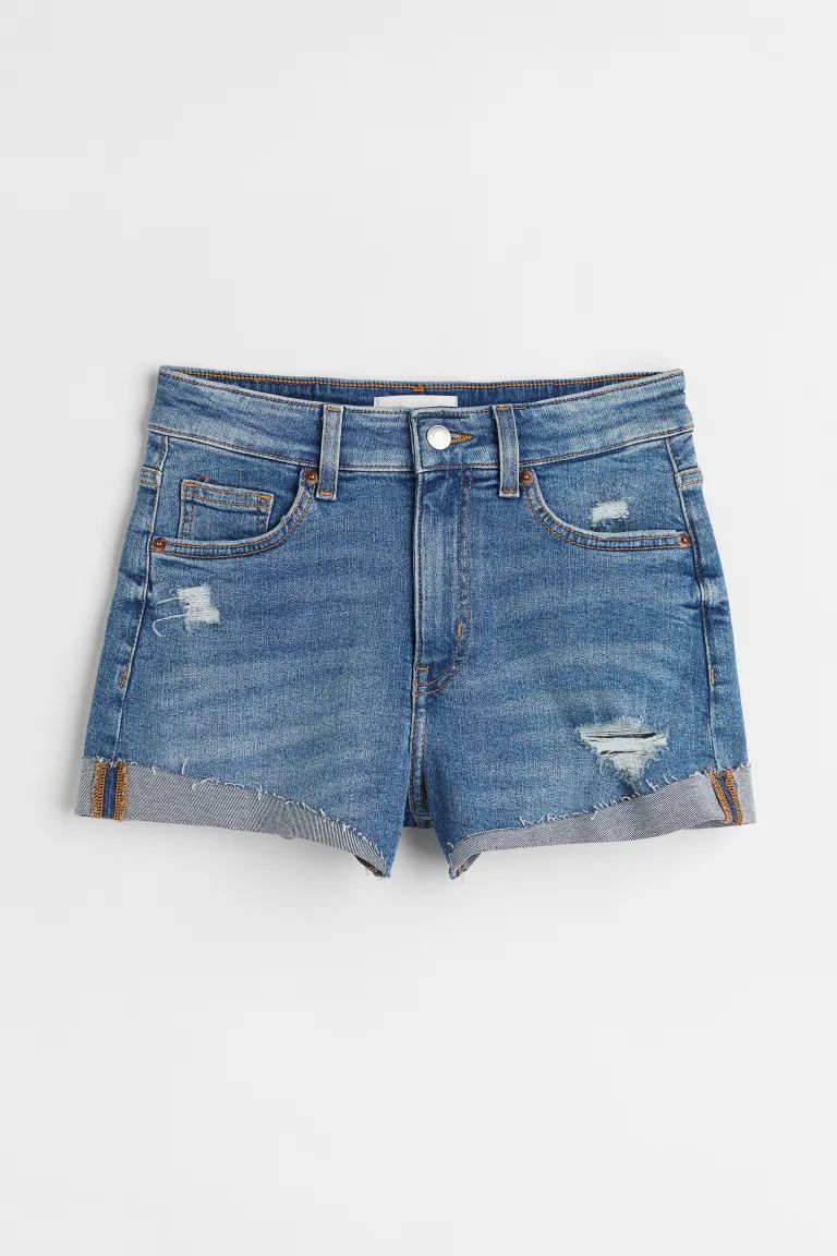 Short, 5-pocket shorts in stretch denim with heavily distressed details. Regular waist, zip fly w... | H&M (US + CA)
