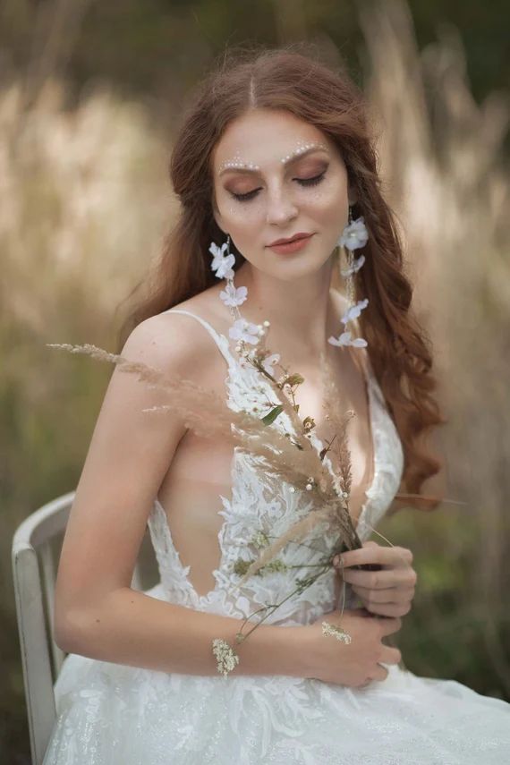 White bridal flower earrings Hooks Dangle and drop earrings Magaela Flower wedding jewellery Whit... | Etsy (US)