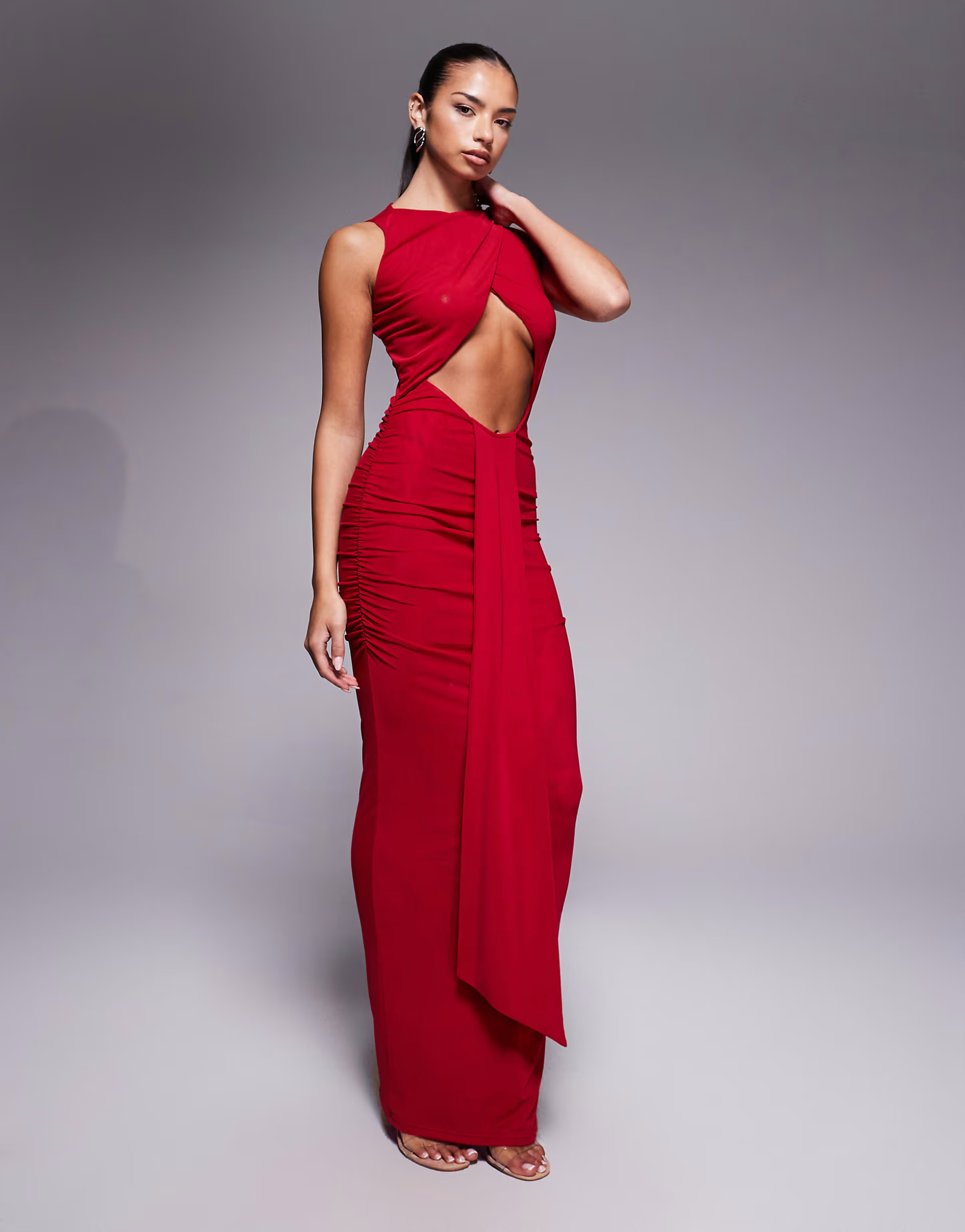 Murci exclusive slash neck crossover front cut out drape detail sleeveless maxi dress in red | ASOS (Global)