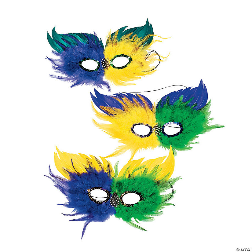 Mardi Gras Two-Tone Feather Half Masks- 12 Pc. | Oriental Trading Company