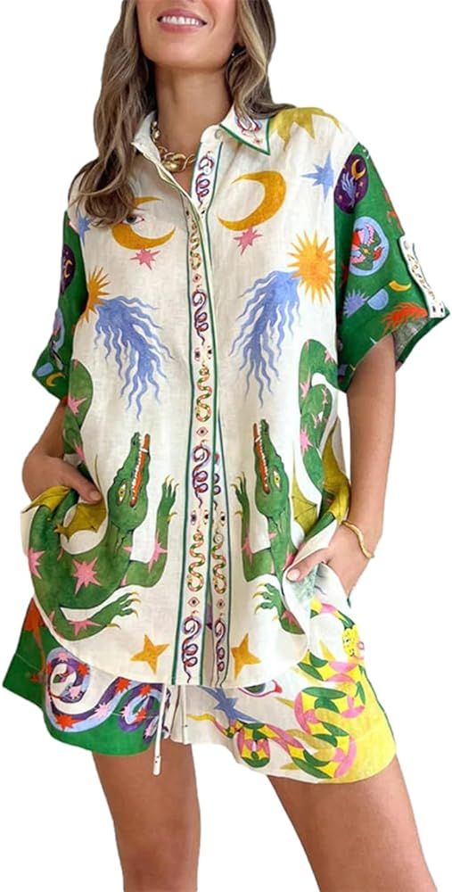 Print Pajamas For Women Set Summer Short Sleeve Button Down Tops Shorts Loose Sleepwear Sets | Amazon (US)