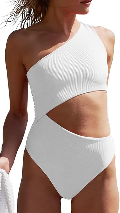 Women's One Piece Ribbed Swimsuit One Shoulder Cutout Swimwear Sexy Bathing Suit | Amazon (US)