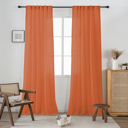 Rust Sheer Linen Curtains 96 Inch Long for Living Room 2 Panels Back Tab Pocket Soft Light Weight Airy Semi Privacy Linen Sheer Curtains for Bedroom Dining Cottage Urban Decor 8 FT 52x96 Burnt Orange | Amazon (US)