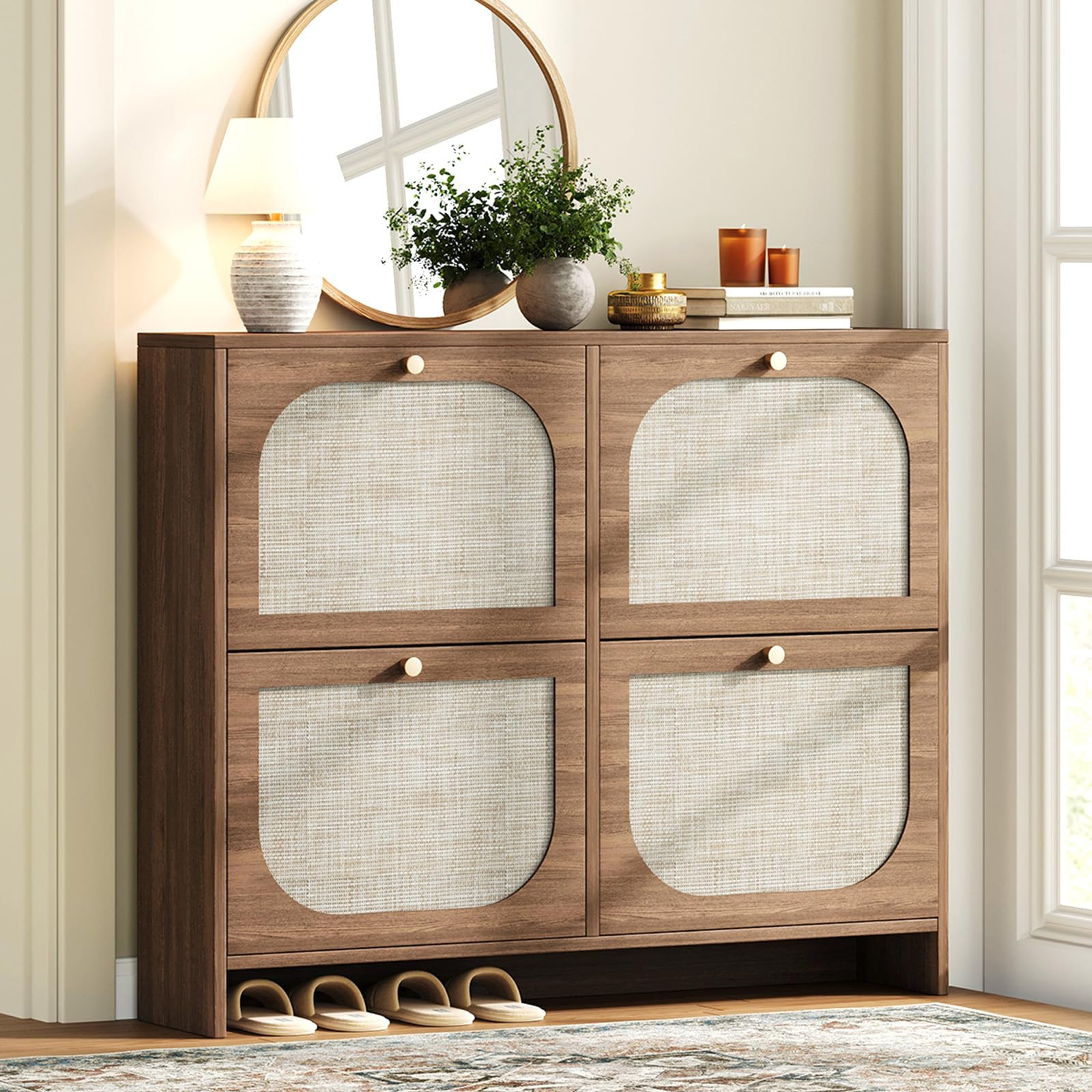 Nicetree Freestanding Arched Rattan Accent Ultra Slim Shoe Cabinet for Entryway - 4 Flip Drawers ... | Amazon (US)