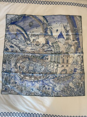 New- Never Used - Hermes Silk Les Folies du Faubourg scarf 90 34"x34" gray blue  | eBay | eBay US