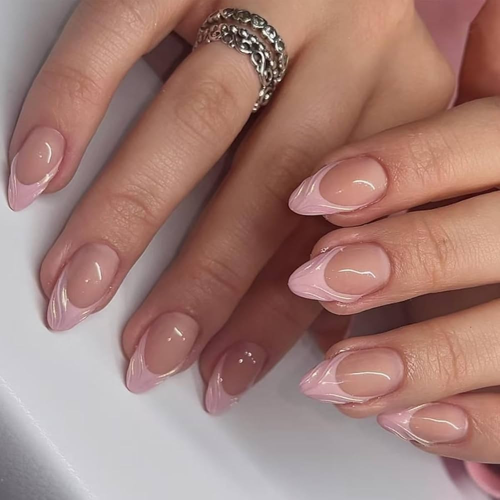 Pink French Tip Press on Nails 3D Wave Fake Nails Spring Summer Glue on Nails Medium Almond False... | Amazon (US)