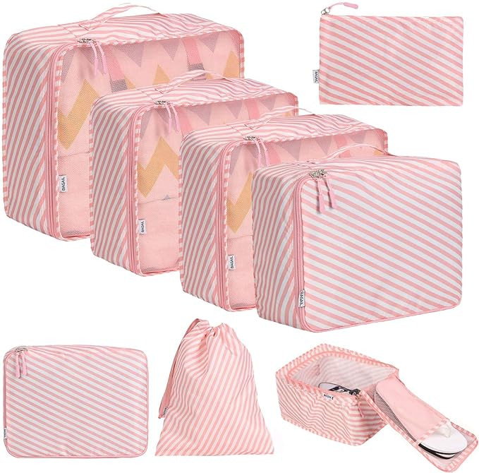 BAGAIL 8 Set Packing Cubes Luggage Packing Organizers for Travel Accessories-White and Pink Strip... | Amazon (US)
