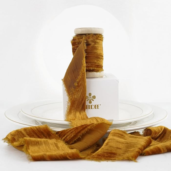 MEEDEE Copper Velvet Crushed Ribbon 2 Inch Frayed Edge Silk Ribbons 2 Rolls 4 Yards Crinkle Terra... | Amazon (US)