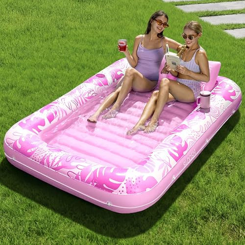 SLOOSH Inflatable Tanning Pool Lounger Float, 85" x 57" Extra Large Pool Floats Adult with Pillow, 4 in 1 Suntan Tub Raft Floatie,Sunbathing Bed Lounge for Water Blow Up Ball Pit, XL-Blushing Pink | Amazon (US)