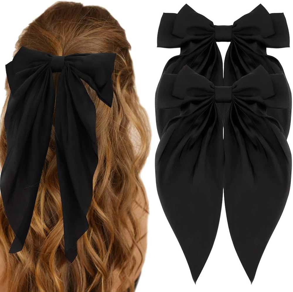 Black Hair Bow Silky Satin Large Hair Bows 2Pcs Big Hair Bows Hair Ribbons Oversized Long Tail Bo... | Amazon (US)