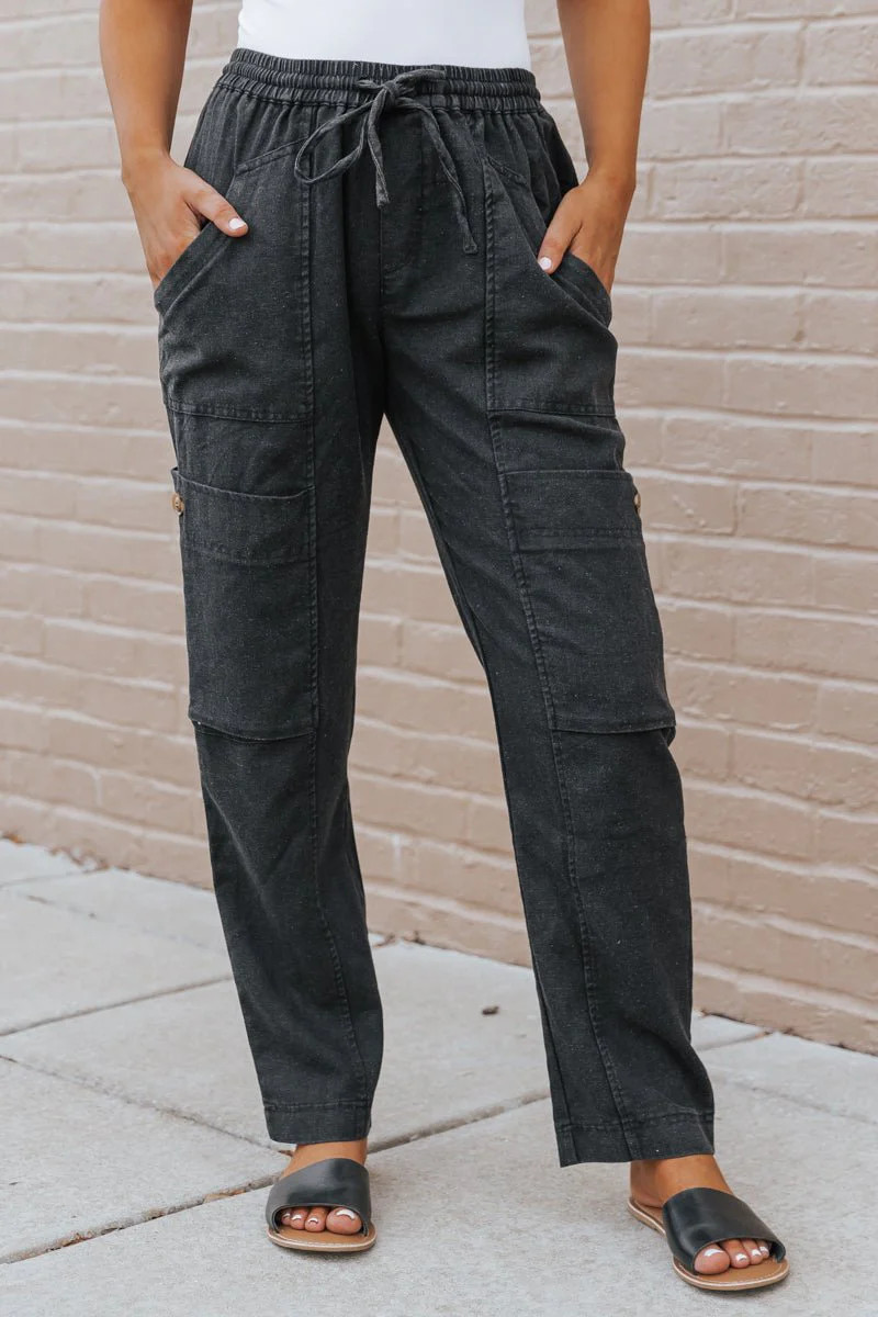 Black Wash Linen Cargo Pants | Magnolia Boutique