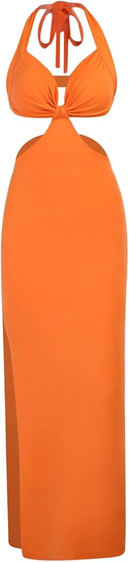 Holzkary Lace Halter Women's Halter Slim Summer 2021V-neck Dress Long Women's Dress Sleeveless Knit  | Amazon (US)