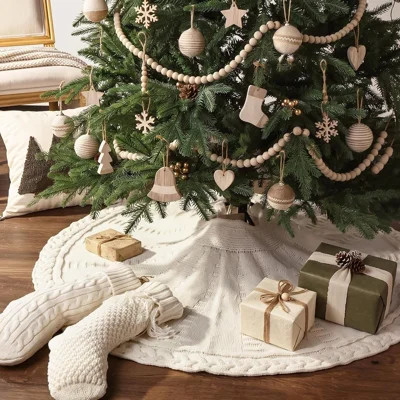 Cream White Braided Cable Knit Christmas Tree Skirt – Chunky Rustic Farmhouse Tree Base Decor for Holiday Home | Wayfair North America