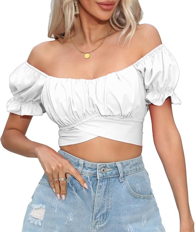 Women's Crop Tops Ruffle Short Sleeve Tie Back Summer Off Shoulder Top Blouse | Amazon (US)