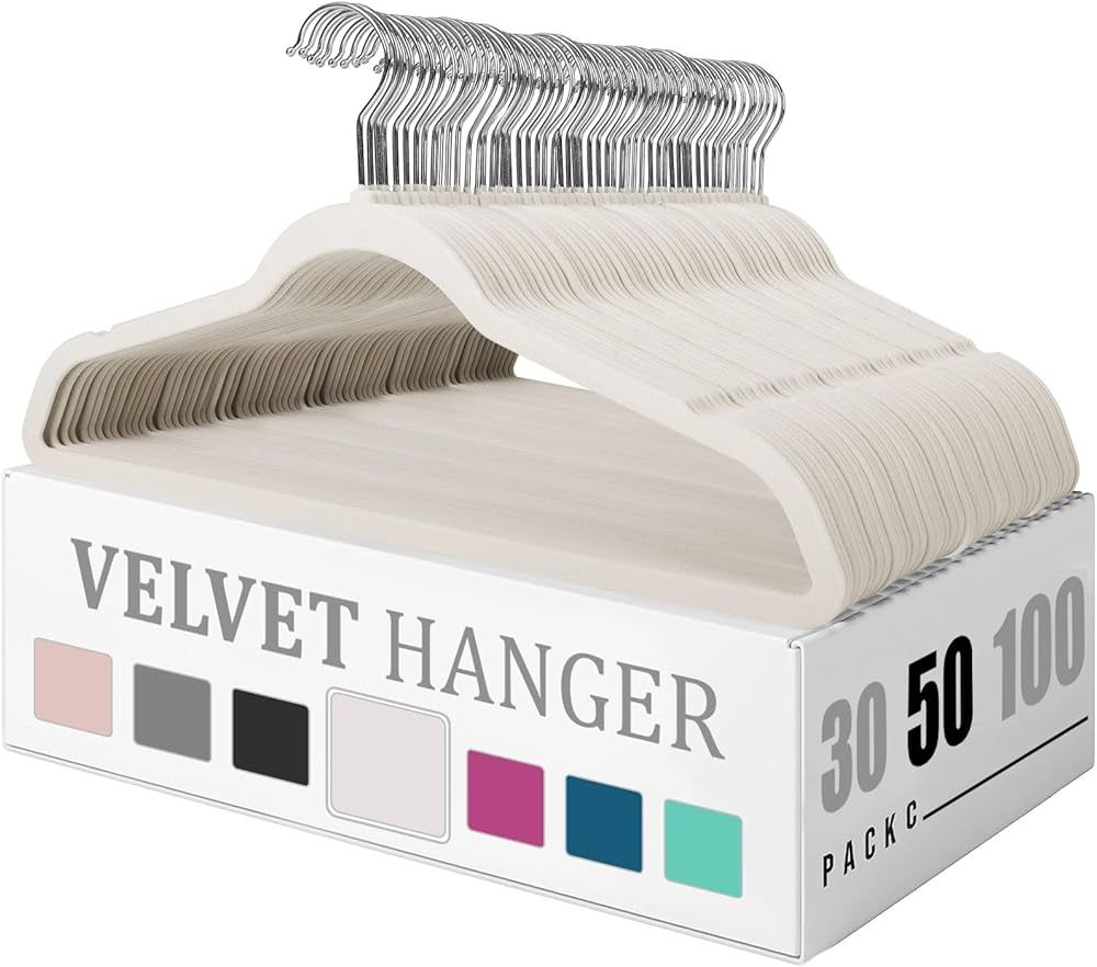 Premium Velvet Hangers 50 Pack, Heavy Duty Study Ivory Hangers for Coats, Pants & Dress Clothes -... | Amazon (US)