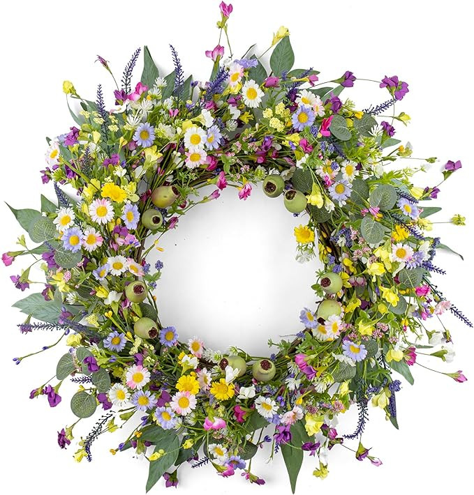 22 Inches Spring Wreaths for Front Door Rustic Spring Floral Wreath Summer Door Wreaths Wildflowe... | Amazon (US)