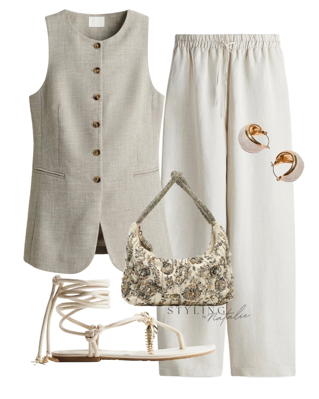Effortless chic summer city look- Longline waistcoat, drawstring linen trousers, beaded bag, lace up embellished sandals and chunky hoops.

#LTKuk #LTKspring #LTKsummer