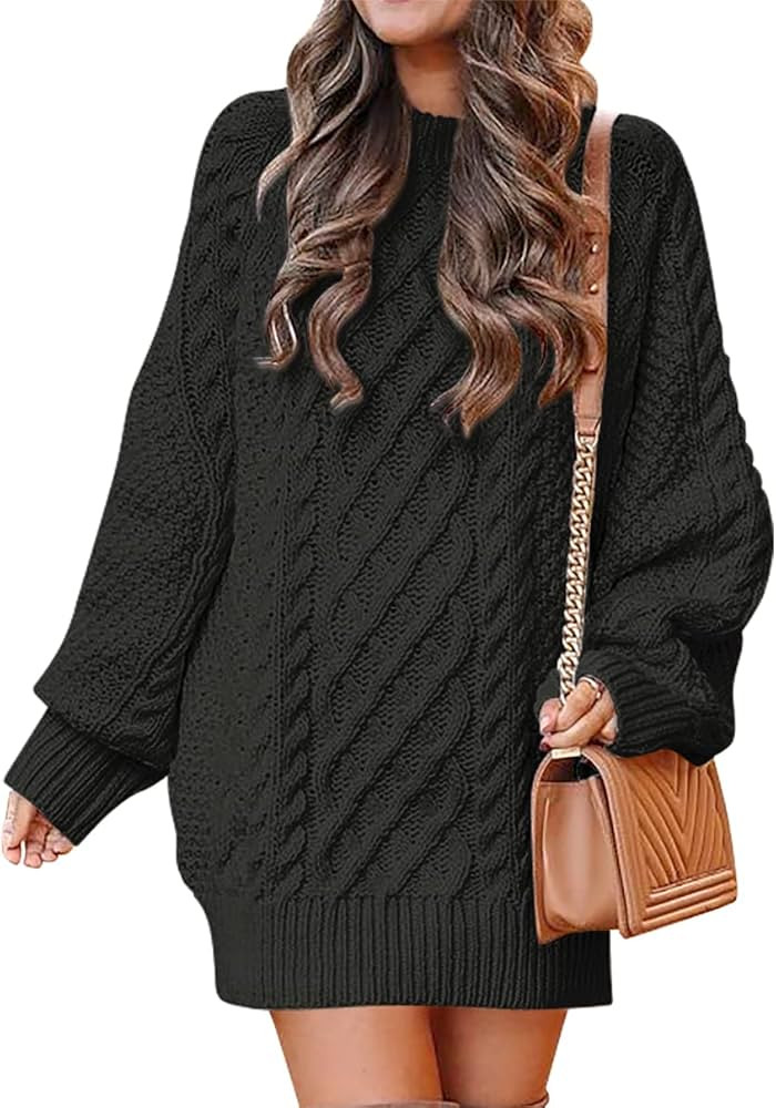 ANRABESS Women Crewneck Long Sleeve Oversized Cable Knit Chunky Pullover Short Sweater Dresses | Amazon (US)