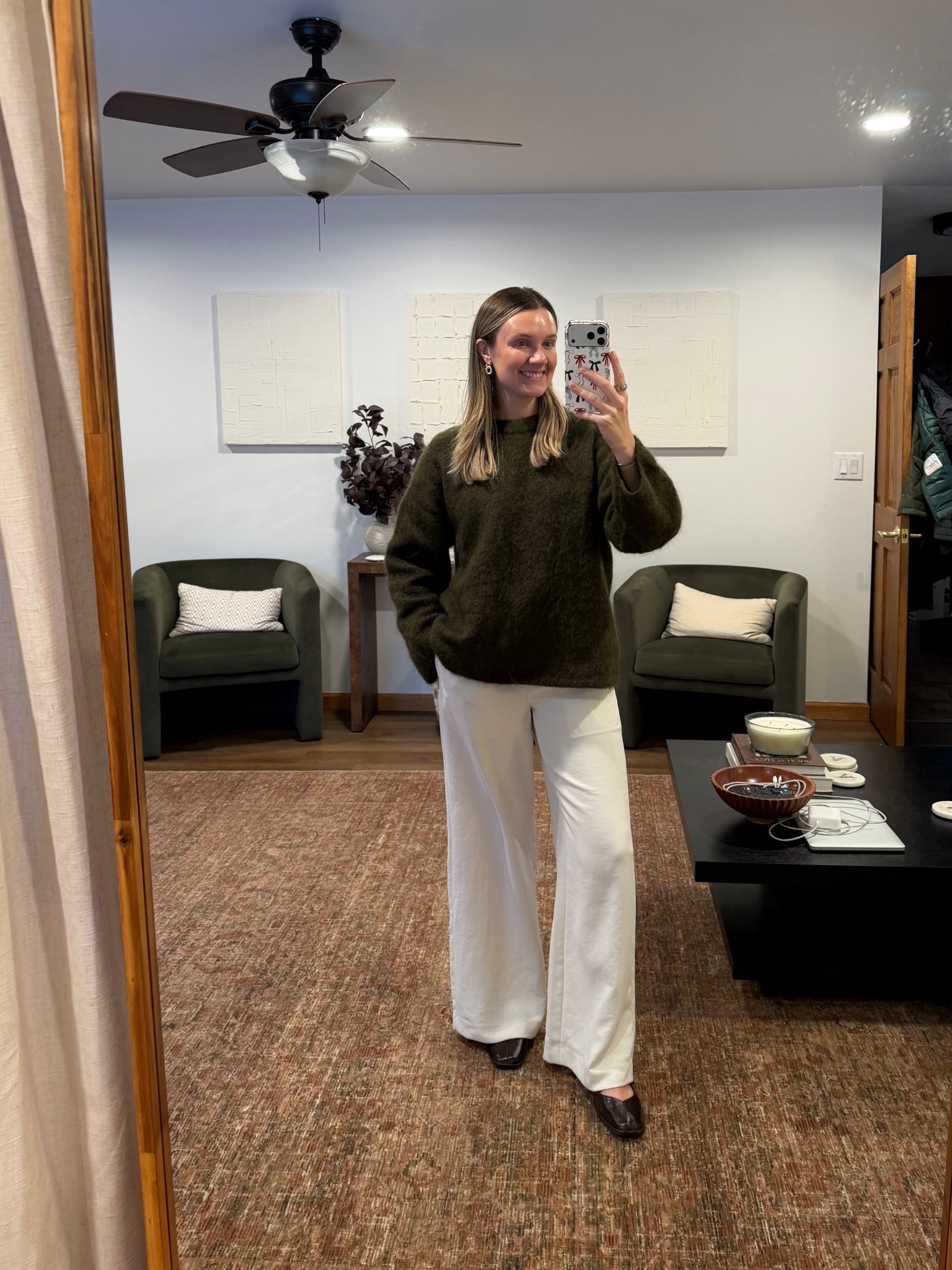 Pairing any oversized sweater with the Aritzia lodge pants will guarantee a cute but comfortable outfit! 
H&M mohair sweater size small 
Crepette lodge pants size small r

Work style, work fashion, cream pants, winter outfit idea, brown square toe flats from amazon

#LTKWorkwear #LTKootd