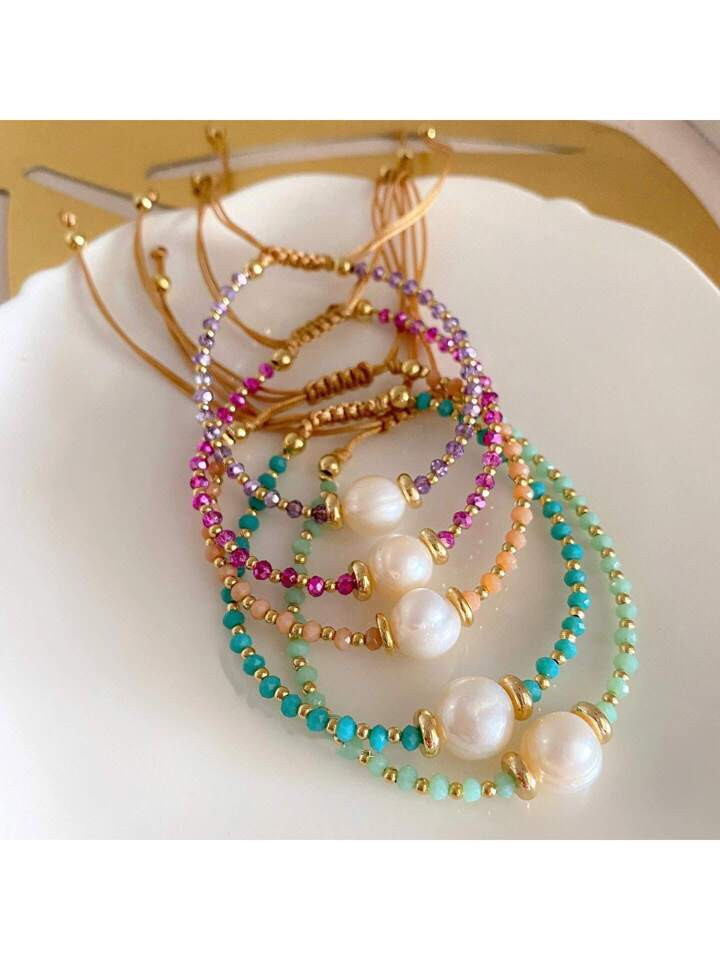 Natural Freshwater Pearl & Faceted Crystal Bead Adjustable Rope Bracelet For Women | SHEIN