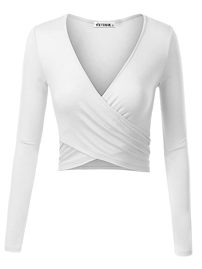 VETIOR Women's Deep V Neck Long Sleeve Unique Slim Fit Coss Wrap Shirts Crop Tops | Amazon (US)