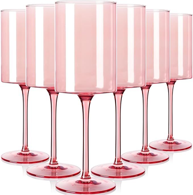 Physkoa Pink Wine Glasses Set of 6 -【13oz, Unfading Color, Hand-blown】 Non-lead Crystal, Squa... | Amazon (US)