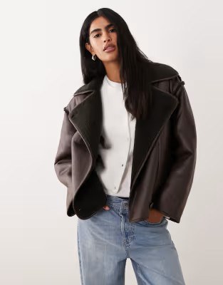 VILA reversible faux shearling jacket in dark brown | ASOS (Global)