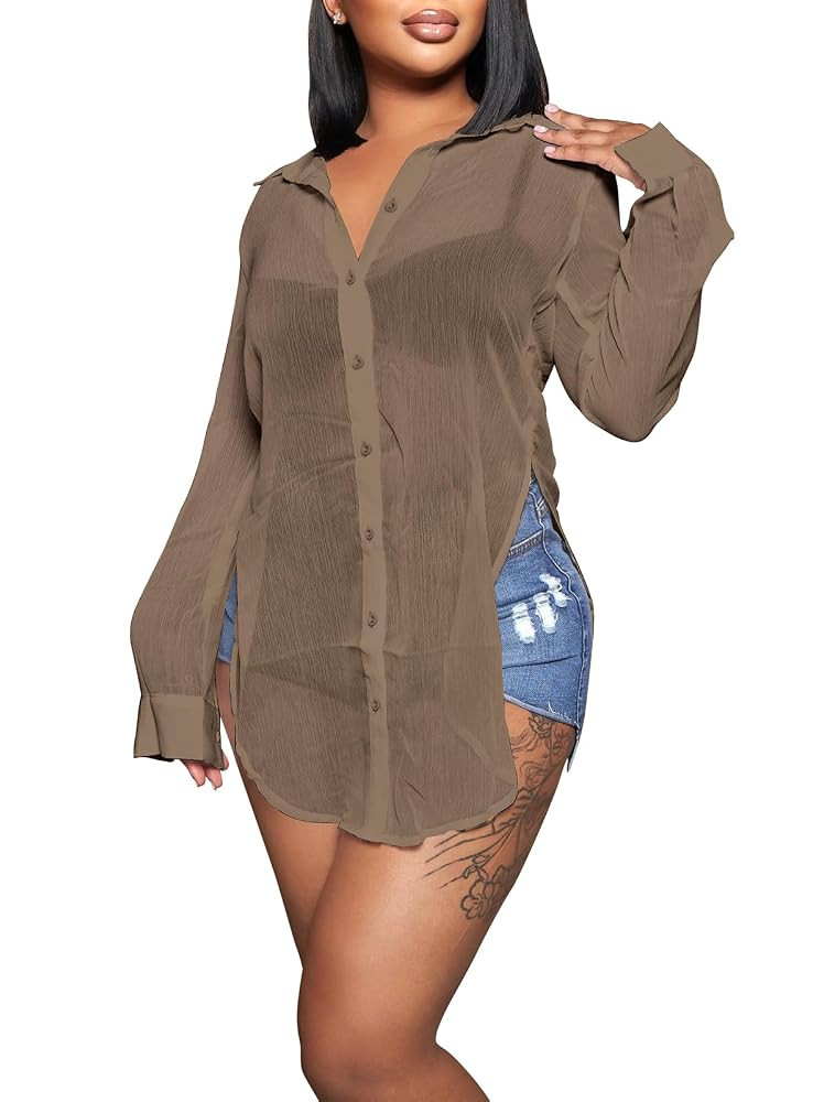 Womens Sheer Button Up Blouse Sexy Long Sleeve Mesh See Through Shirts Tops | Amazon (US)