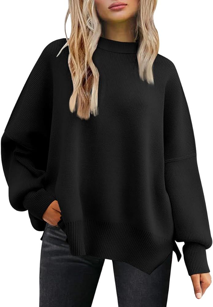 LILLUSORY Women's Crewneck Batwing Long Sleeve Sweaters 2023 Fall Oversized Ribbed Knit Side Slit Pu | Amazon (US)