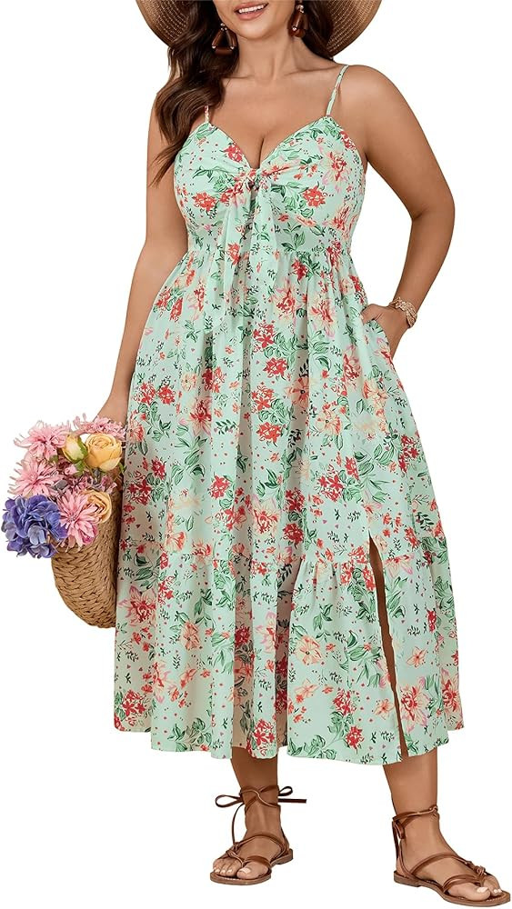SCOMCHIC Womens Plus Size Summer Maxi Sun Dress Spaghetti Strap Tie Front Smocked Ruffle Split Casual Boho Beach Dresses | Amazon (US)