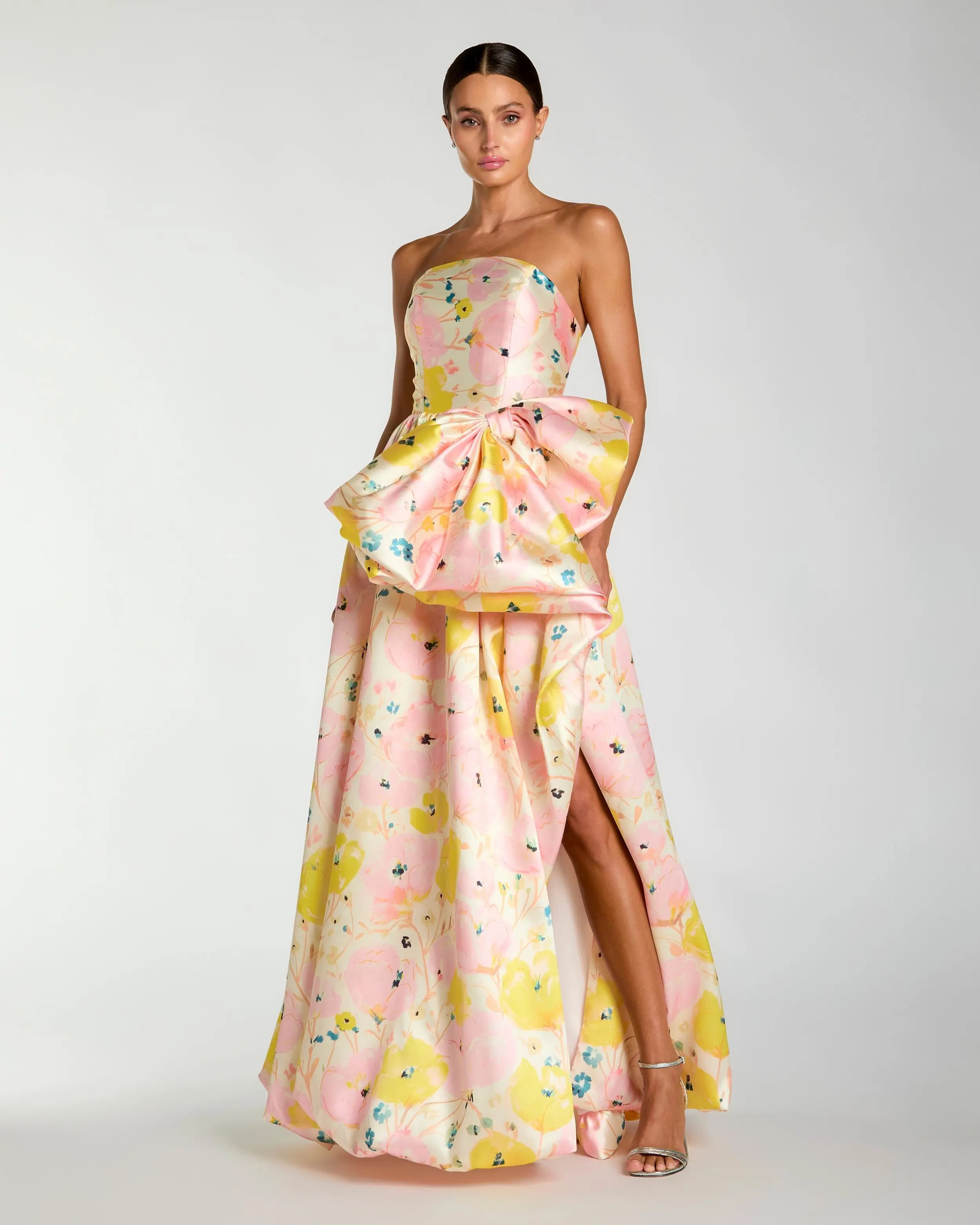 Ieena for Mac Duggal - Pink Strapless Floral Ball Gown With Bow - Pink Multi / US 4 | Mac Duggal