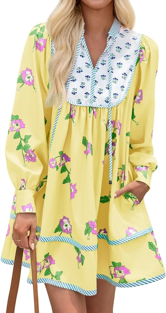Wenrine Womens Casual Floral Mini Dress 2025 Fall Long Sleeve V Neck Patchwork Loose Boho Shirt D... | Amazon (US)
