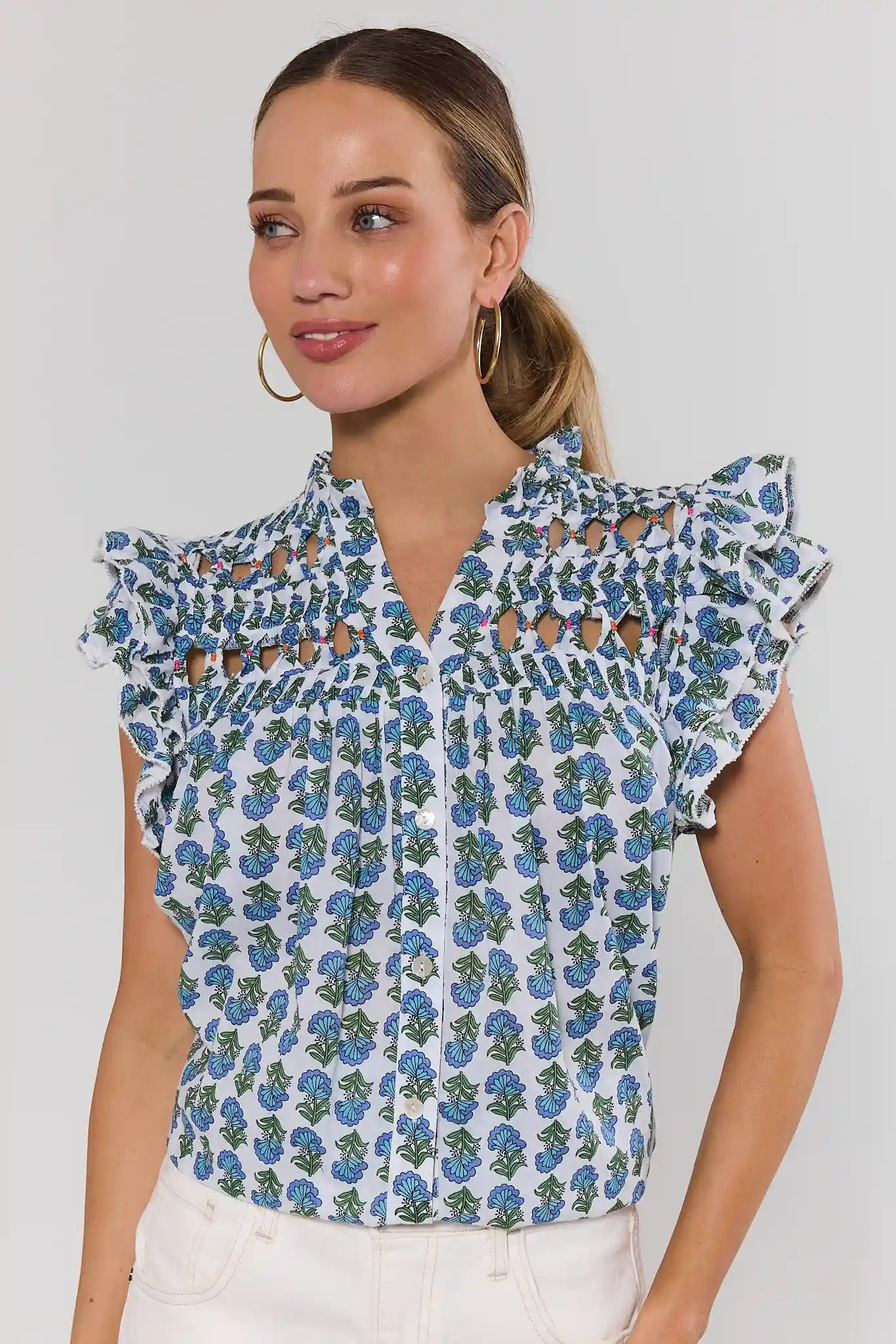Blue Floral Flutter Sleeve Top by THML | Avara