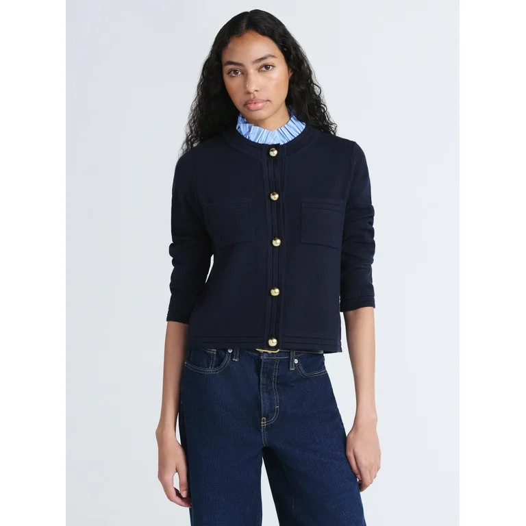 Free Assembly Women's and Women's Plus Ruffle Neck Chest Pocket Cardigan, Sizes XS-4X | Walmart (US)